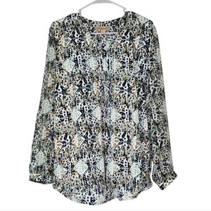 Nine West Vintage American Blue Multi Geometric Print Pleated Accent Blouse Lrg